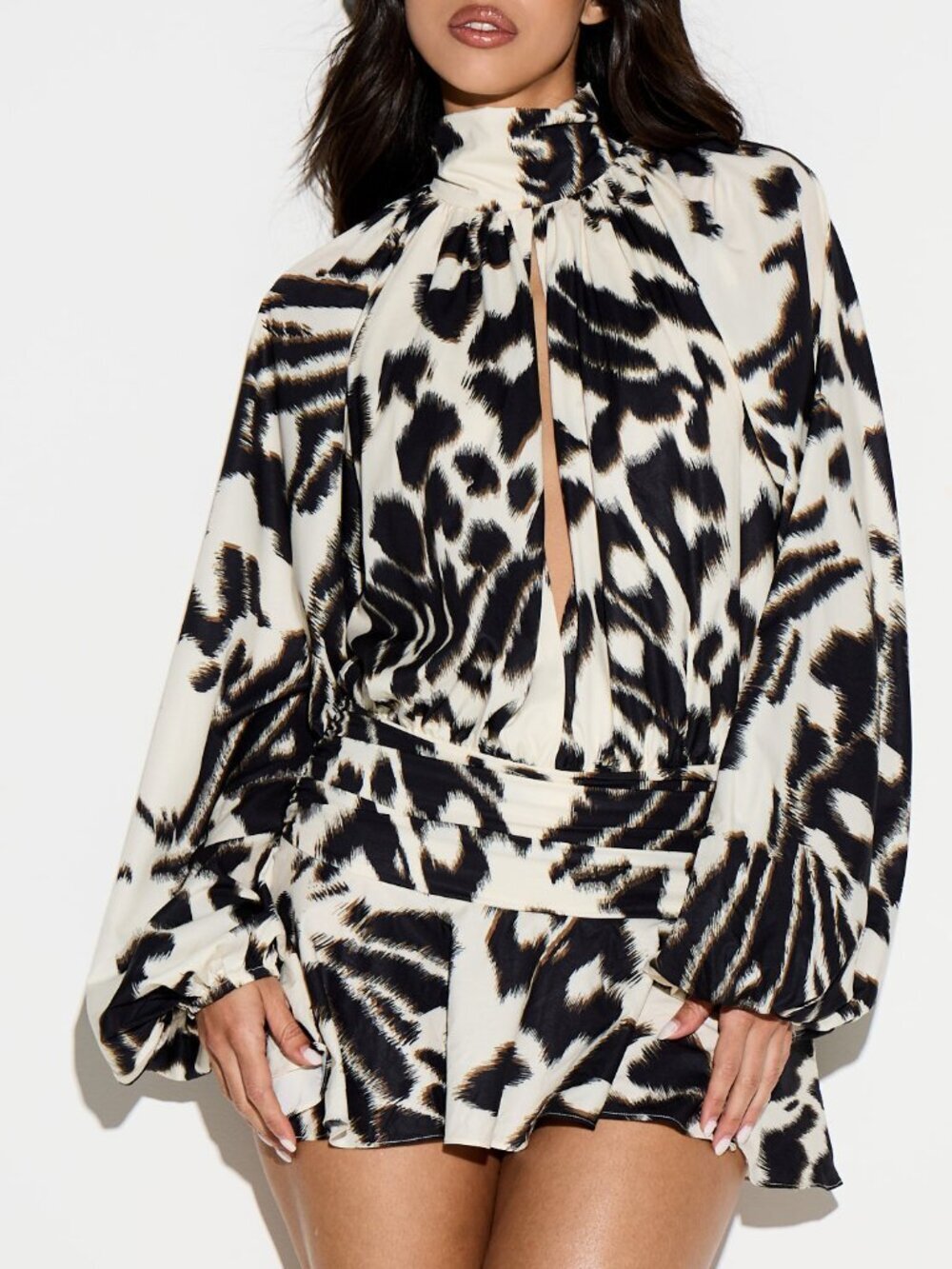 Multicolor Elegant Women's Animal Print Mini Dress, Puff Sleeves, Belted Waist